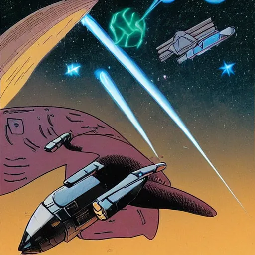 Image similar to a battle in the space, moebius style.