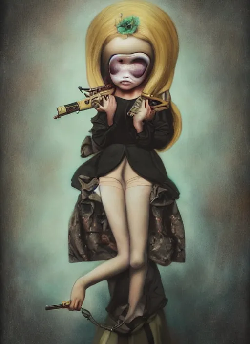 Prompt: pop surrealism, lowbrow art, realistic cute alice girl painting, holding a gun, hyper realism, muted colours, rococo, natalie shau, loreta lux, tom bagshaw, mark ryden, trevor brown style,