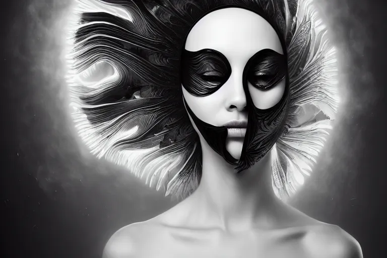 Prompt: portrait of a young beautiful woman with a mask. contemporary photograph, speed painting, fractal, mandelbulb. trending on artstation. black and white.