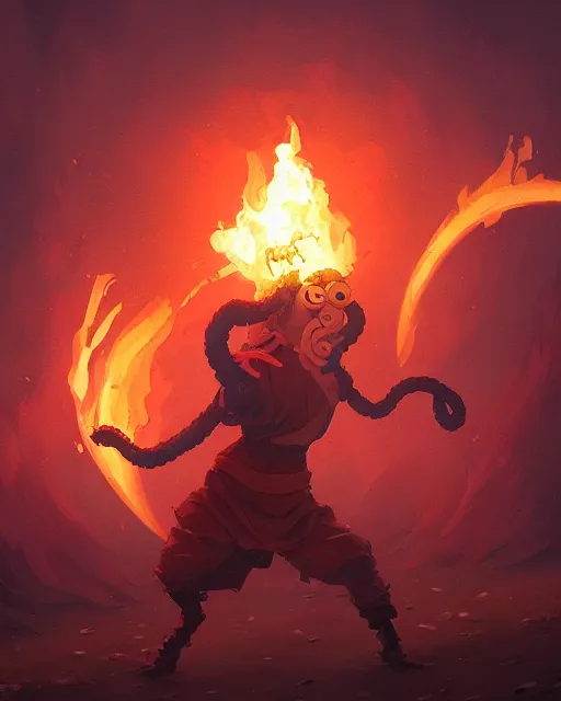 Image similar to tentacled squidward wearing fire nation clothing and practicing firebending outside at susnset, [ greg rutkowski ]