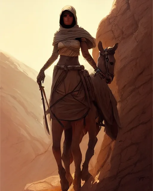 Image similar to female desert stalker, middle ages, lonely rider, covered head, full body | | realistic shaded, fine details, realistic shaded lighting poster by greg rutkowski, diego gisbert llorens, magali villeneuve, artgerm, jeremy lipkin and rob rey