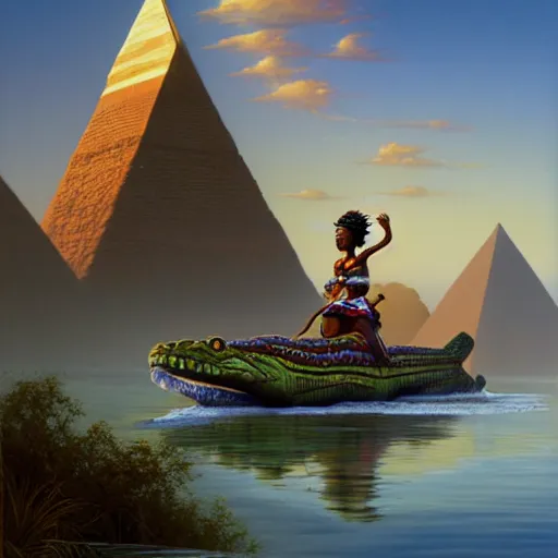 Image similar to an african queen riding a crocodile in the nile river by michael whelan and tyler edlin, oil on canvas, water fog, pyramid portal, 8k.