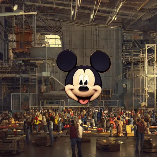 Image similar to a giant mickey mouse head, factory floor, surrounded by factory workers, octane render, cgstation, 3 d render, very detailed, mindblowing, blood and guts, gritty, cyberpunk, cinematic lighting, hyper realism