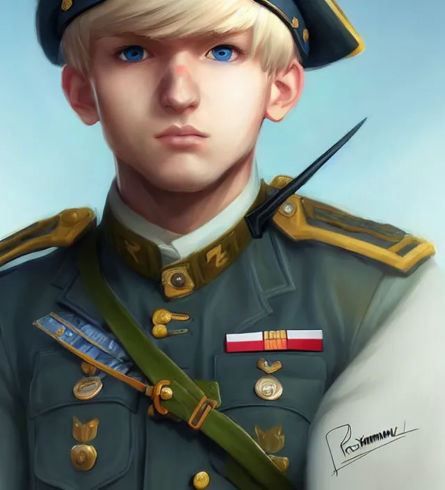 Image similar to character concept art of a cute young german boy with blond hair and bluish eyes, wearing a military uniform. lovely - fine - face, key visual, realistic shaded perfect face, fine details by rossdraws, james jean, andrei riabovitchev, marc simonetti, sakimichan, trending on artstation