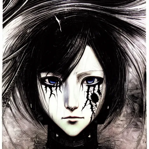 Image similar to yoshitaka amano realistic illustration of an anime girl with black eyes, wavy white hair fluttering in the wind and cracks on her face wearing elden ring armor with engraving, abstract black and white patterns on the background, noisy film grain effect, highly detailed, renaissance oil painting, weird portrait angle, three quarter view