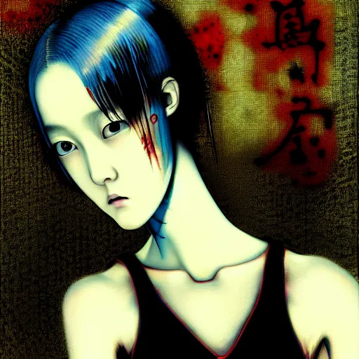 Image similar to yoshitaka amano blurred and dreamy realistic three quarter angle horror portrait of a sinister young woman with short hair and yellow eyes wearing office suit with tie, junji ito abstract patterns in the background, satoshi kon anime, noisy film grain effect, highly detailed, renaissance oil painting, weird portrait angle, blurred lost edges