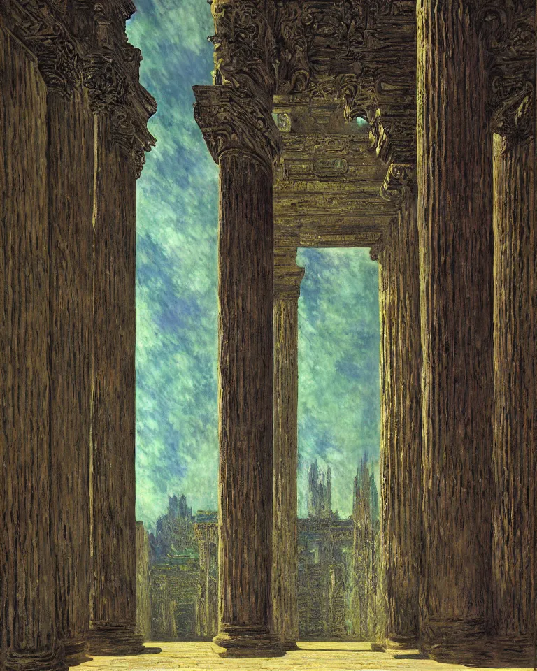 Image similar to achingly beautiful painting of intricate ancient giger columns and epic door on jade background by rene magritte, monet, and turner. giovanni battista piranesi.