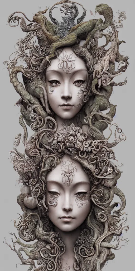 Prompt: a sculpture of mythical creatures by hannah yata, elegant and beautiful female face with her third eye open, carved in stone, intricate, elegant, highly detailed, digital painting by audrey kawasaki, artstation, concept art, ambient occlusion, vray render,