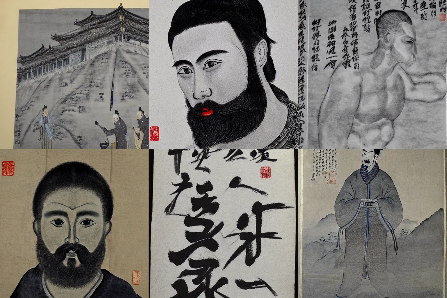 Prompt: ancient chinese watercolour of gigachad black and white greyscale