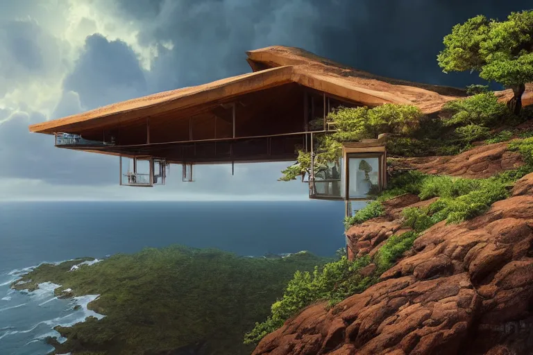 Image similar to lovely a - frame home sits atop a broad cliff | overlooking the entirety of the blue sky | digital painting by greg rutkowski and gaston bussiere | zbrush | cgsociety contest winner | comprehensive art | intricate | landscape photography | brightly radiant atmosphere | overcast sky | homogeneous to hawaii | 4 k | 8 k