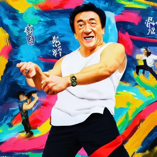 Image similar to Popup art style Jackie Chan wearing a bandana dancing