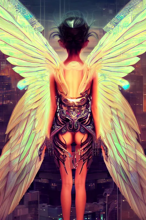 Image similar to portrait futuristic goddess angel Girl with wings and feathers, in future cyberpunk tokyo rooftop , ssci-fi, fantasy, intricate, very very beautiful, elegant, human anatomy, human structure, neon light, highly detailed, digital painting, artstation, concept art, smooth, sharp focus, illustration, art by tian zi and WLOP and alphonse mucha