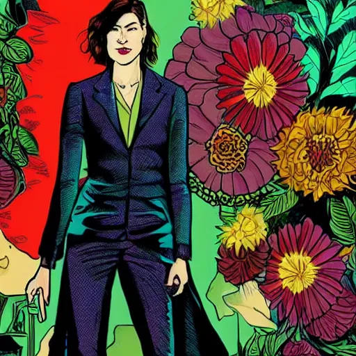 Image similar to rosamund pike as the doctor, dark - hair, wearing a colourful floral pattern suit, bold complementary colours, 2 d matte, graphic novel, art by michael choi and pepe larraz,