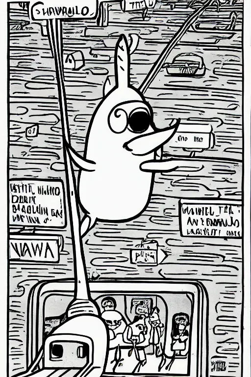 Prompt: drawing of a narwhal taking the subway by matt groening