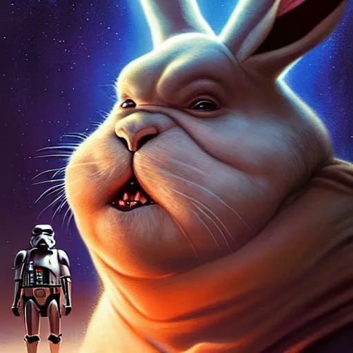 Prompt: hyper realistic, star wars, portrait of a mega derpy john candy as big chungus, with bunny ears, stoned, by greg rutkowski, scott m fischer, artgerm, loish, slight glow, atmospheric, anne stokes, alexandros pyromallis