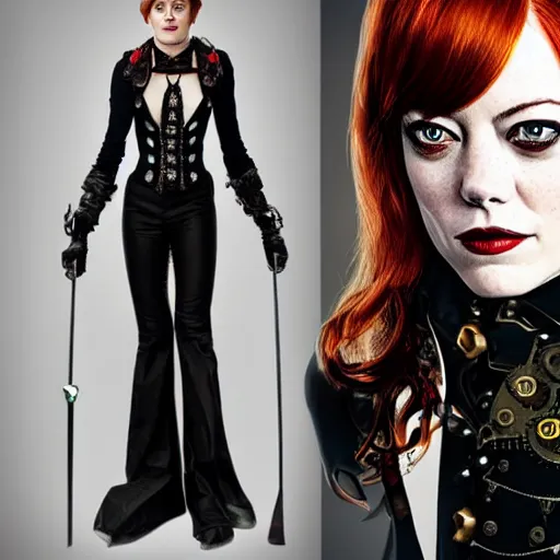 Image similar to full body photo of emma stone as a steampunk vampire warrior