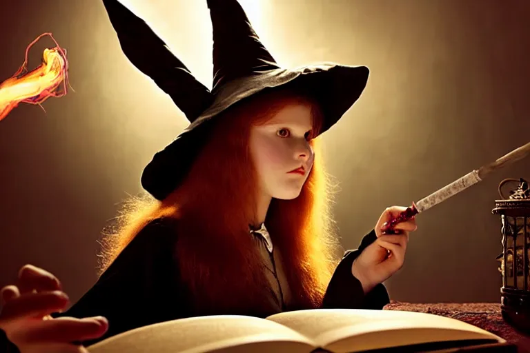 Image similar to close up portrait, dramatic lighting, teen alice witch calmly points a magic wand casting a spell over a large open book on a table with,, cat on the table in front of her, sage smoke, a witch hat cloak, apothecary shelves in the background, still from alice in wonderland