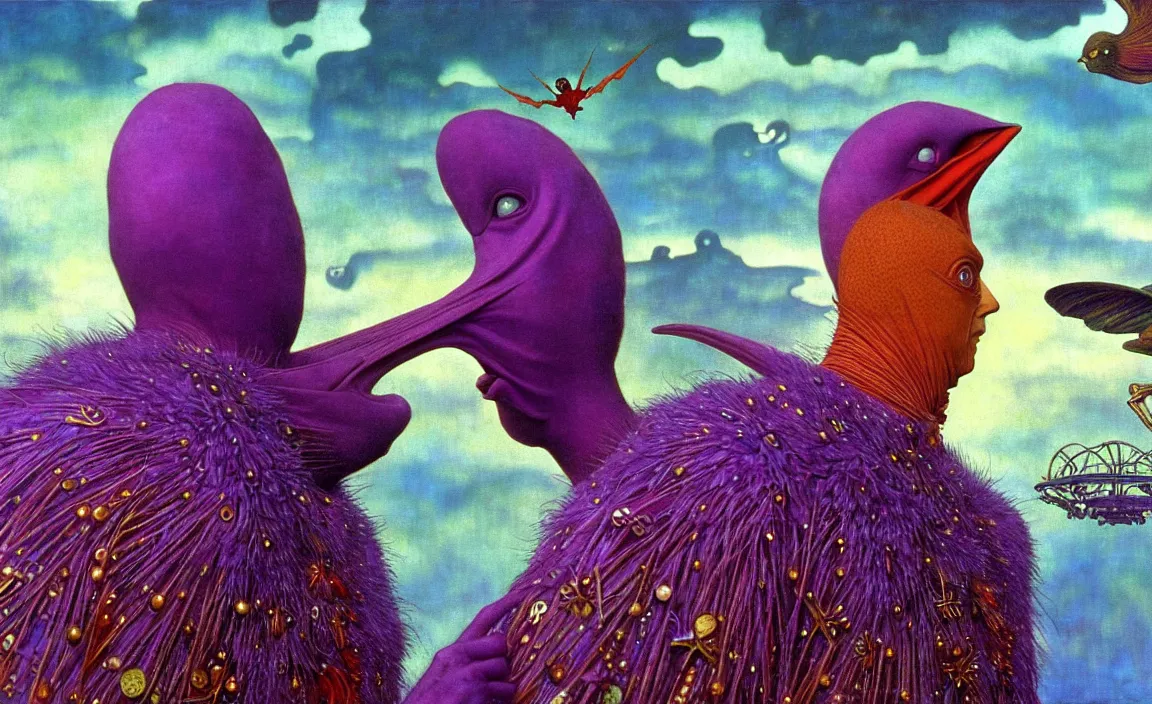 Image similar to realistic detailed portrait movie shot of a birdman wearing purple coat, sci fi city landscape background by denis villeneuve, amano, yves tanguy, alphonse mucha, ernst haeckel, max ernst, roger dean, masterpiece, rich moody colours, blue eyes, occult