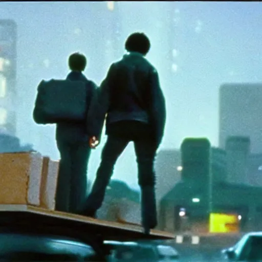 Image similar to at night, a white teenage girl with a pixie haircut in an oversized man's jacket catches a ride on the back of a truck as it drives towards the factory district : a still from a sci - fi dystopian cyberpunk film by steven spielberg from 1 9 8 0 s, shot on 3 5 mm film by janusz kaminski