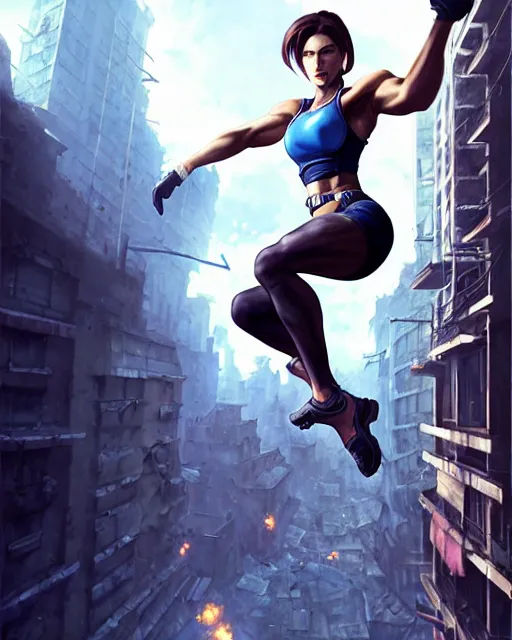 Image similar to gigachad jill valentine bodybuilder jumping from a building fighting in racoon city, fantasy character portrait, ultra realistic, anime key visual, full body concept art, intricate details, highly detailed by greg rutkowski, ilya kuvshinov, gaston bussiere, craig mullins, simon bisley