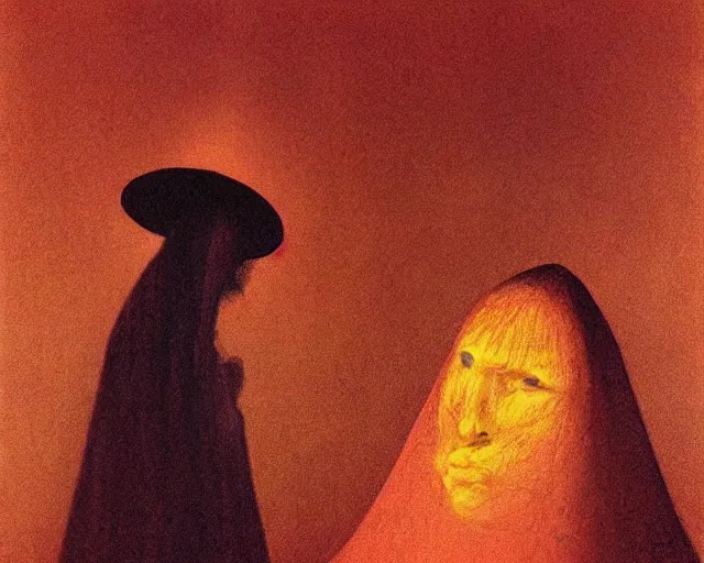 Prompt: by francis bacon, beksinski, mystical redscale photography evocative. devotion to the scarlet woman, priestess in a conical hat, coronation, ritual, sacrament