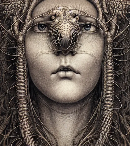 Prompt: detailed realistic beautiful cicada goddess face portrait by jean delville, gustave dore, iris van herpen and marco mazzoni, art forms of nature by ernst haeckel, art nouveau, symbolist, visionary, gothic, neo - gothic, pre - raphaelite, fractal lace, intricate alien botanicals, ai biodiversity, surreality, hyperdetailed ultrasharp octane render