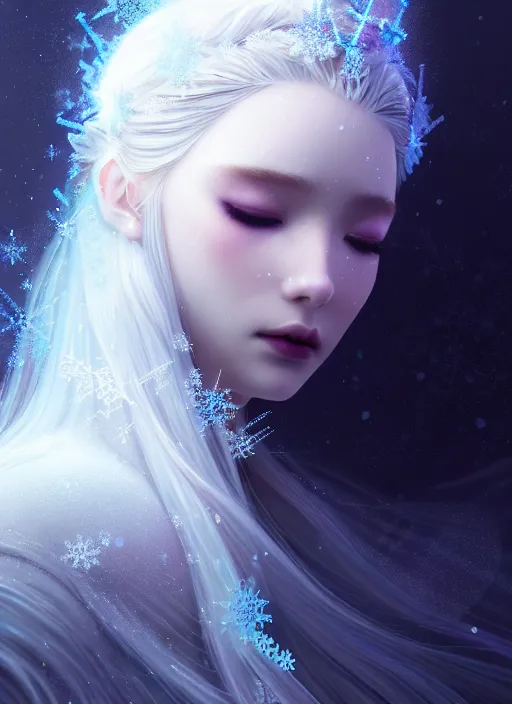 Image similar to a beautiful majestic frozen white queen with snowflakes on her hair, glowing light orbs, intricate concept art, elegant, digital painting, smooth, sharp focus, ethereal mist, deep colors, illuminated lines, outrun, vaporware, dark background, cyberpunk darksynth, ethereal, ominous, misty, 8 k, rendered in octane, by ruan jia and miho hirano