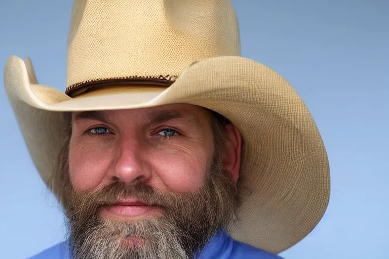 Prompt: a portrait photo of a 35 year old skinny Caucasian man with a large white beard and long white hair wearing a blue shirt looking at the camera, wearing a cowboy hat