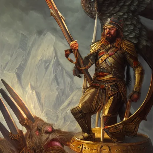 Prompt: Gungnir, the spear of Odin, laying on the pedestal in the armory of the gods, painting by Diego Gisbert Llorens