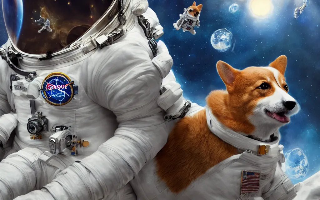 Prompt: corgi in astronaut suit floating in deep space, oil on canvas, intricate, portrait, 8 k highly professionally detailed, hdr, cgsociety, sharp focus, artstation, vibrant, cinematic