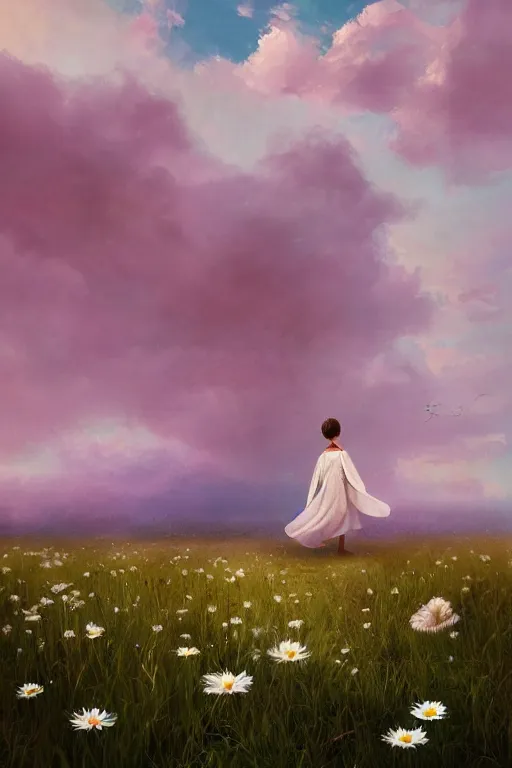 Image similar to giant white daisy flower head, girl with veil walking in a flower field, surreal photography, sunrise, dramatic light, impressionist painting, colorful clouds, digital painting, artstation, simon stalenhag