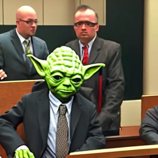 Prompt: yoda wearing a suit and tie, in court