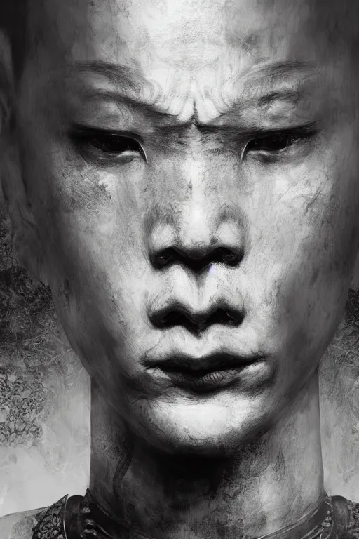 Image similar to chinese god, portrait, fierce, intricate, elegant, black and white volumetric lighting, scenery, digital painting, highly detailed, artstation, sharp focus, illustration, concept art, ruan jia, steve mccurry