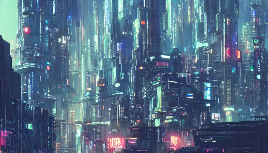 Image similar to A beautiful picture of an establishing shot of a cyberpunk neo tokyo cityscape by Sergey Vasnev and square pictures , trending on artstation