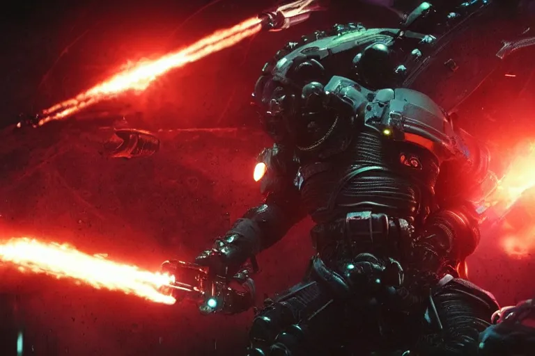 Image similar to VFX movie of a futuristic inhuman alien spacemarines in future spaceship, firing gun at space pirates detailed creature skin neon lighting combat by Michael Bay