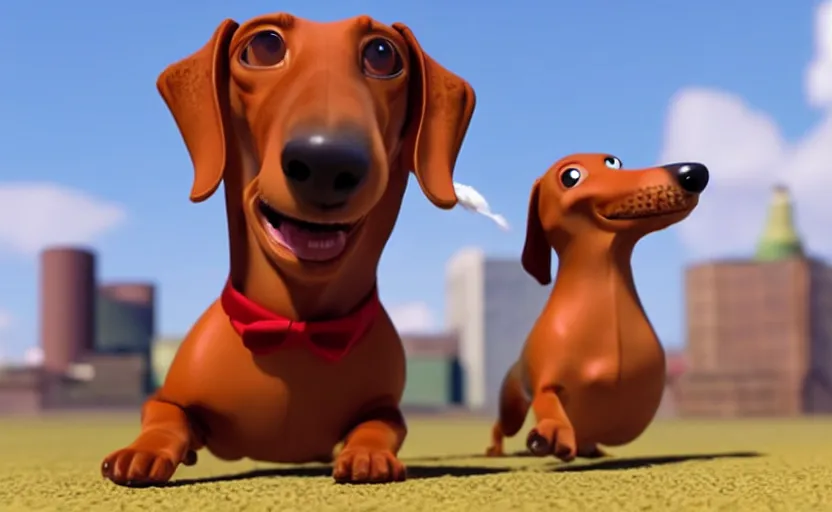 Prompt: happy dachshund catching a ball, suit, business outfit, cgi, 3 d animation, pixar