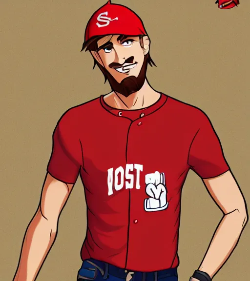 Prompt: tall skinny white guy with very short blonde beard wearing an nc state red baseball cap and red shirt full color digital illustration in the style of don bluth, artgerm, artstation trending, 4 k