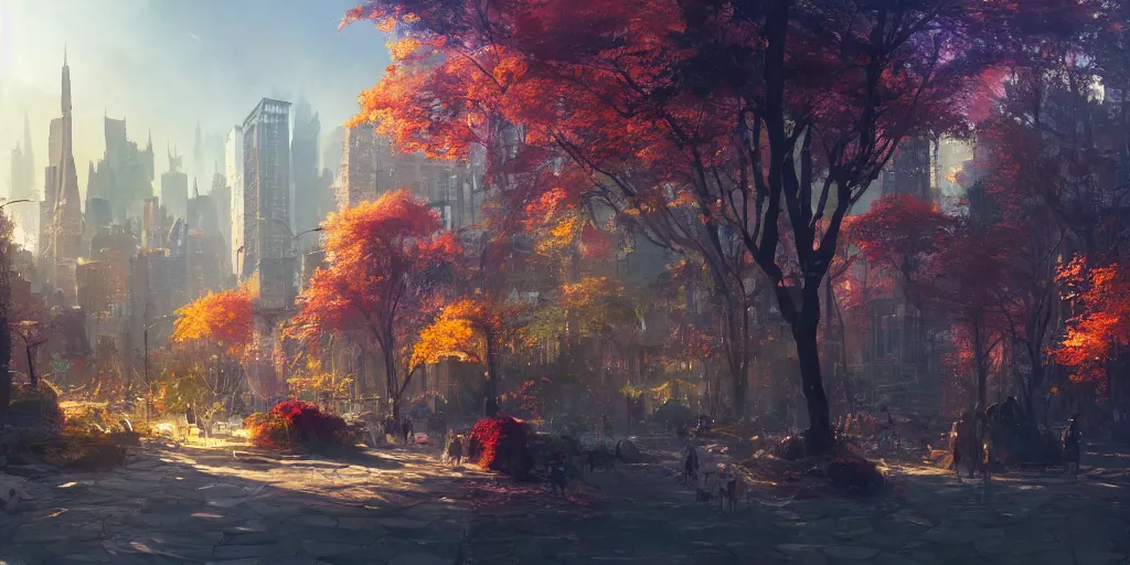 Image similar to a fantasy solarpunk new york city, landscape illustration by greg rutkowski, bright sunlight, sun glints, vivid and colorful trees and plants and flowers, smooth digital concept art, 4 k, trending on artstation