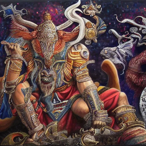 Prompt: battle between gods of all religions, airbrush painting, illustration, intricate detail, award winning work,