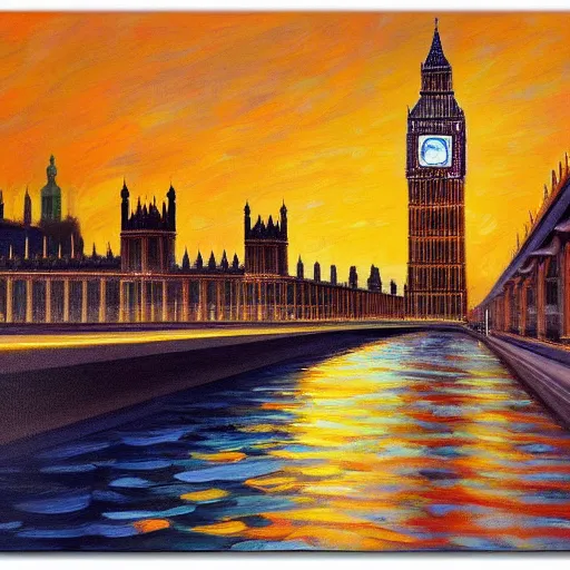 Prompt: detailed, soft, dynamic painting of the Big Ben on fire, professional painting, at dusk