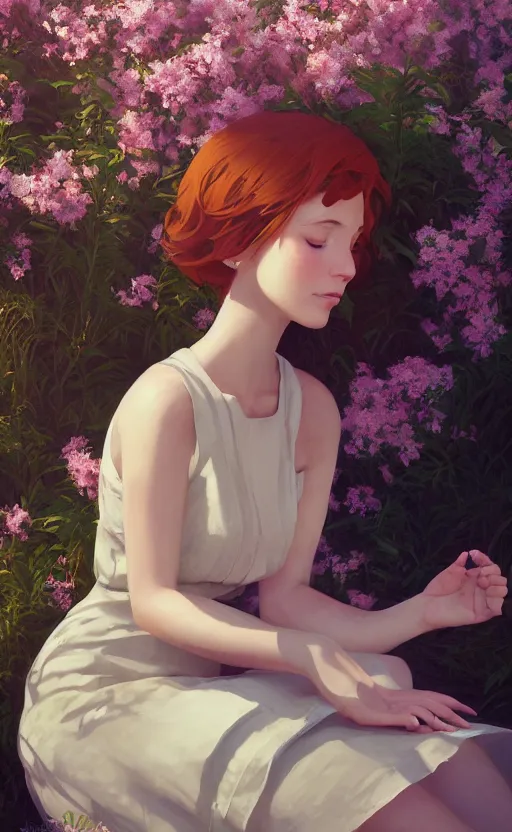 Image similar to southern ginger woman in a cream dress, freckled, sitting among flowers, airbrushed, hazy, gentle, soft lighting, wojtek fus, by makoto shinkai and ilya kuvshinov,