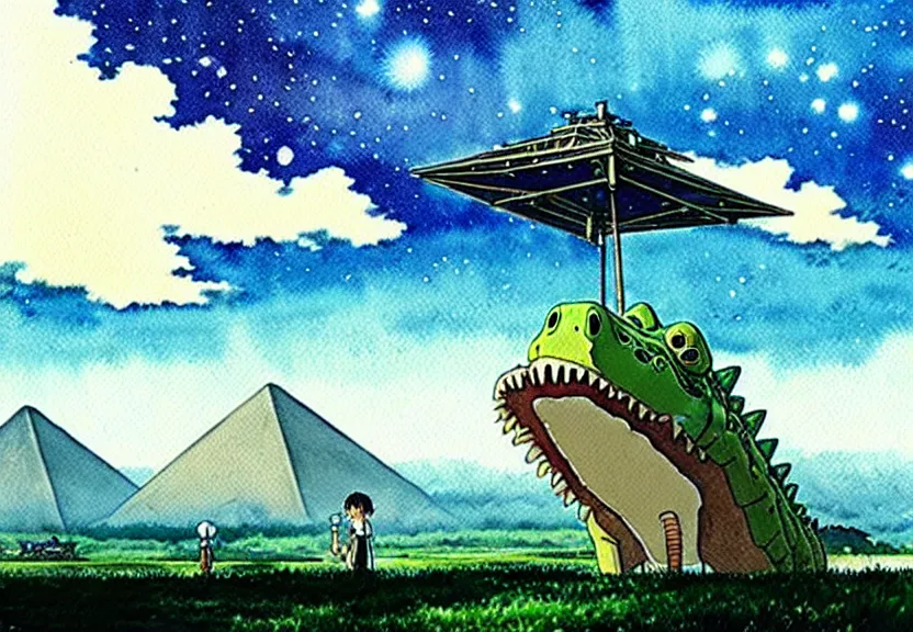 Image similar to a hyperrealist watercolor concept art from a studio ghibli film showing a giant mechanized crocodile from howl's moving castle ( 2 0 0 4 ). a pyramid is under construction in the background, in the rainforest on a misty and starry night. a ufo is in the sky. by studio ghibli