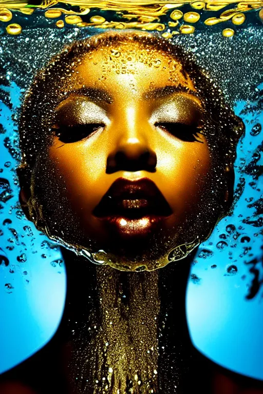 Image similar to hyperrealistic neo - dada cinematic very expressive! profile black oshun goddess, emerging from water!!, mirror dripping droplet!, gold flowers, highly detailed face, digital art masterpiece, smooth eric zener cam de leon, dynamic pearlescent turquoise light, low angle uhd 8 k, sharp focus