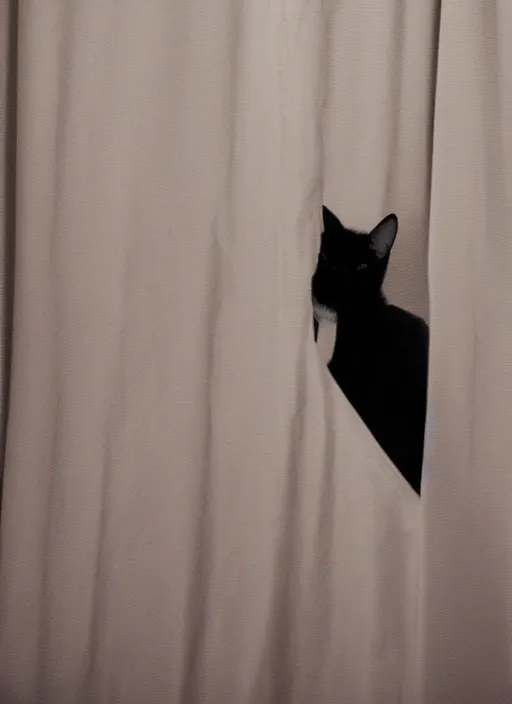 Prompt: a silhouette of a cat sitting behind a curtain