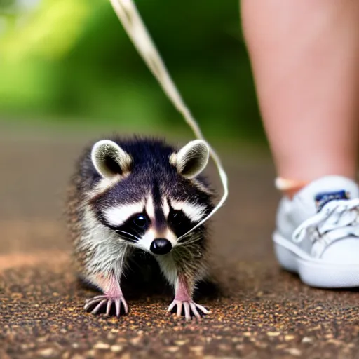 Prompt: a cute baby raccoon playing with a white sneaker shoe, strings undone, 5 0 mm f 1. 4, soft lighting