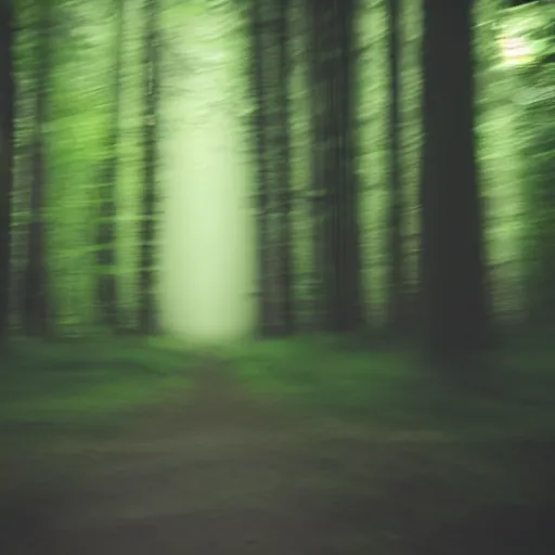 Image similar to deep forest in the night, shooting on the run, blurred, shadow behind the trees, very poor quality of photography, 1/2 second shutter speed