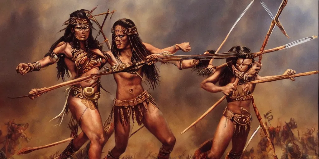 Prompt: movie, powerful beautiful aztec and Amazonian warrior female tribes attack each other,bows and arrows, spears, epic, vintage, Boris vallejo, sepia, apocalypto