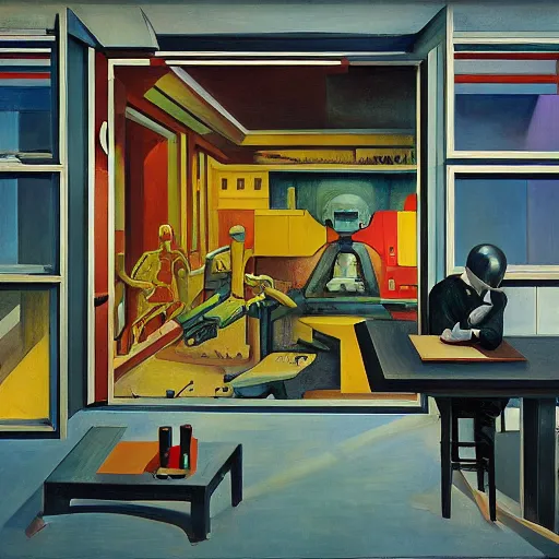 Image similar to cutaway section of a giant robot revealing people living inside, brutalist, dystopian, pj crook, edward hopper, oil on canvas