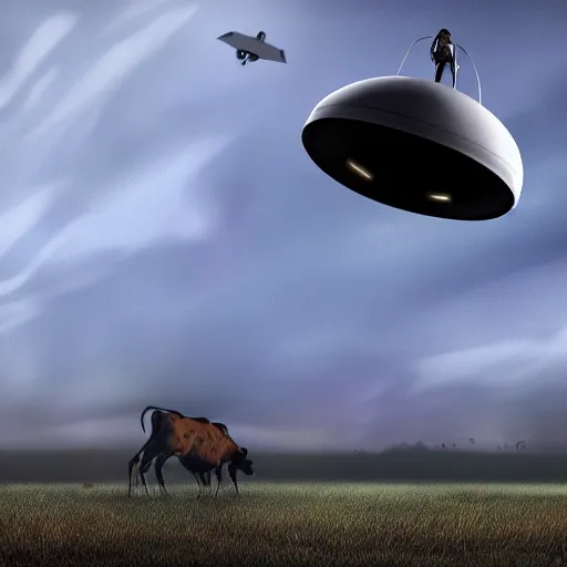 Prompt: digital art painting of a UFO abducting a cow in an empty field, mysterious, sci fi, alien, extraterrestrial, trending on artstation cgsociety,