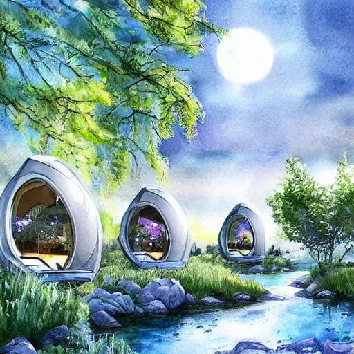 Image similar to beautiful happy picturesque charming sci - fi organic pod - like homes of the future in a beautiful natural scene. water, trees and rocks. beautiful light. soft colour scheme. beautiful artistic detailed watercolor by lurid. ( 2 0 2 2 )